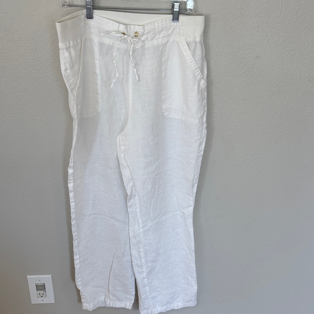Ellen Tracy White Linen Wide-Leg Drawstring Pants